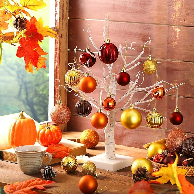 64 Pcs Fall Thanksgiving Ball Ornaments for Christmas Tree Glitter Gold Orange Brown Ornament Hanging Autumn Decoration Assorted Size Harvest Ornament for Home Indoor Decor, 1.6/1.97/2.4 Inch