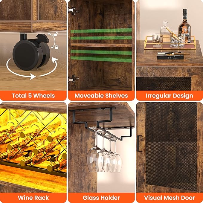 Wine Bar Cabinet with Wheels, Small Liquor Cabinet with LED Light, Home Bar Cart with Power Outlets, Coffee Bar with Wine Rack, Glasses Storage for Kitchen, Dining Room, Living Room, Vintage