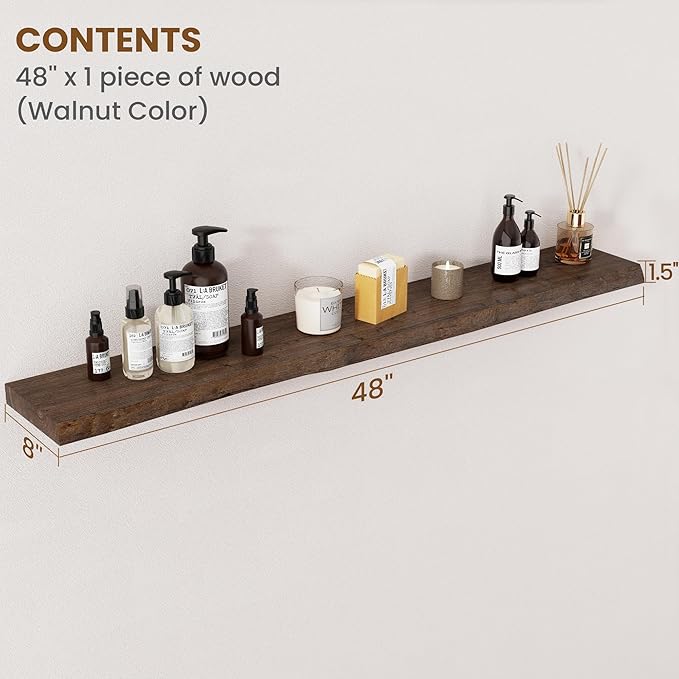 Floating Shelves for Wall Decor, Rustic Solid Elm Wood Live Edge Floating Shelves Wall Mounted, Wall Shelves with Invisible Bracket for Living Room Bathroom Bedroom Kitchen, 48 Inch, Walnut