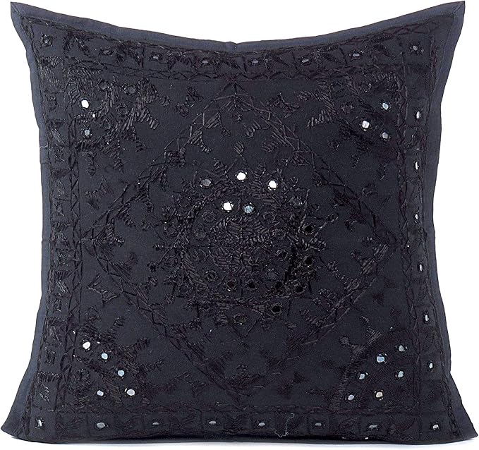 Eyes of India Embroidered Decorative Boho Throw Pillow Cover with Mirrors, Handmade Bohemian Accent Cushion Case for Sofa Couch Bedroom Living Room (Black, 24" x 24")