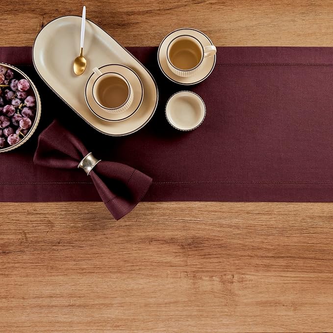 Solino Home Linen Burgundy Table Runner 144 Inches Long - 100% Pure Linen Extra Long Table Runner 14 x 144 Inch for Fall, Autumn, Thanksgiving - Classic Hemstitch