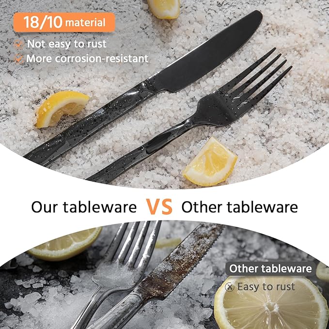 KINGSTONE Black Silverware Set, Luxury 20 Piece Flatware Set for 4, 18/10 Stainless Steel Cutlery Set with Diamond Cut Pattern for Kitchen, Home, Wedding, Party, Mirror Polished and Dishwasher Safe