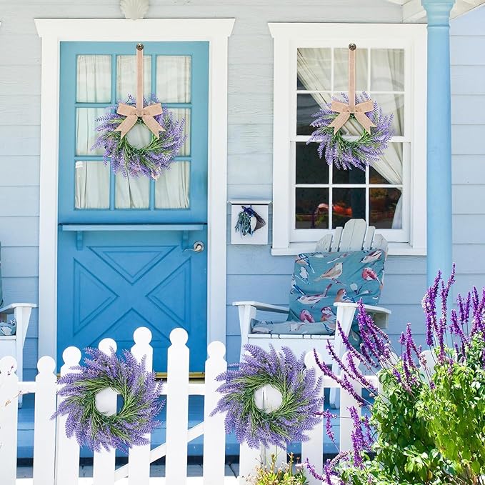 6 Pcs Lavender Candle Ring Pillar Wreaths Mini Purple Wreath Table Centerpieces 9 Inch Wreath for Cabinets Artificial Farmhouse Lavender Wreaths for Front Door Porch Wall Window