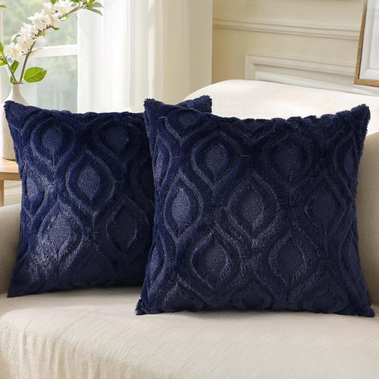 decorUhome Fall Throw Pillow Covers 16x16 Inch Set of 2, Soft Plush Decorative Faux Fur Navy Blue Solid Couch Pillow Covers, Accent Farmhouse Neutral Square Euro Pillow Cases for Sofa Bed Living Room