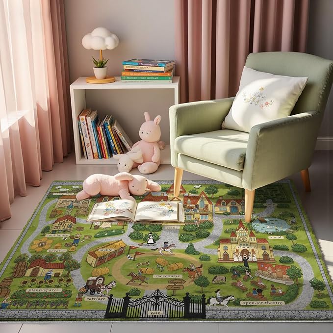 5x7ft Kids Manor Tour Play Rug,Non-Slip Faux Wool Carpet with Interactive English Words, Educational Manor Map Design for Playroom, Bedroom, Nursery Gift