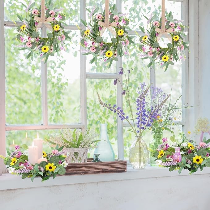 6 Pcs Spring Summer Artificial Flowered Swag Wreaths 3" Mini Floral Daisy Hanging Wreaths for Kitchen Cabinets Pillar Candle Holder Wreath for Wedding Farmhouse Porch Wall Window Door Tabletop Decor