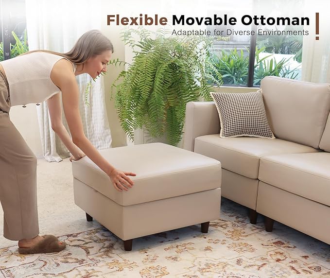 118.5" Oversized Modular Sectional Sofa, Faux Leather 6 Seater U Shaped Couch with Movable Ottoman and Storage Seat with Reversible Chaise Deep Seat for Living Room Whitesand