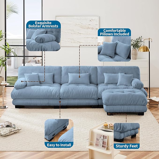 Modular Sectional Sofa, Comfy Cloud Couch 3 Seater Couch with Ottoman, Sectional Couches for Living Room, Modern Chenille L Shaped Couches, Sleeper Deep Seat Sofa with Throw Pillows, Blue