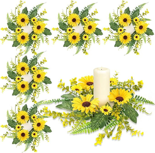 6 Pcs Mini Sunflower Wreath for Front Door Artificial Sunflower Spring Summer Swag Wreath Fake Yellow Floral Candle Rings Wreaths for Pillars Cabinets Window Home Wall Décor