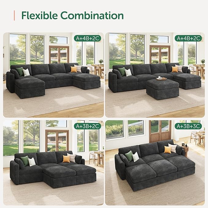 HONBAY Grey Chenille Fabric Modular Sectional Sofa with Storage, U Shaped Sectional Couch for Living Room, 111.10W x 66.20D x 35.40H inches