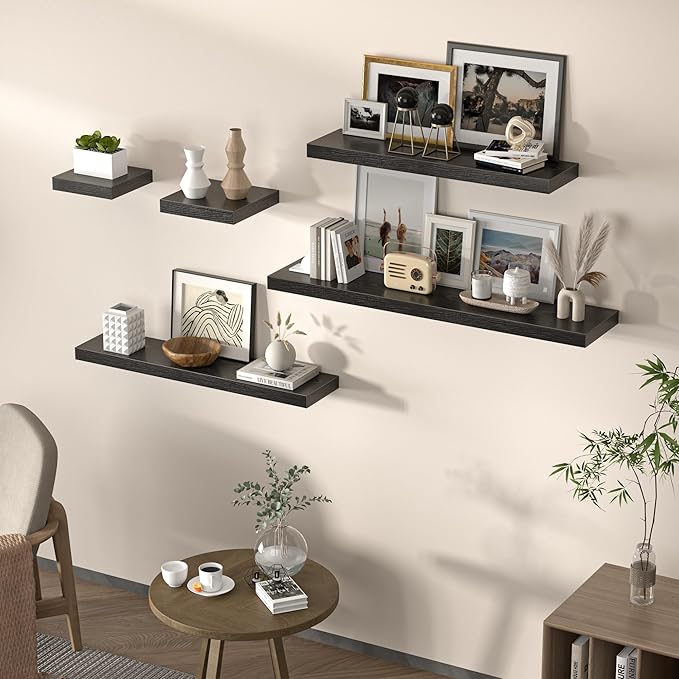 Floating Shelves for Wall, 36" W x 8" D x 1.5" H, Wooden Wall Mounted Display Shelves with Invisible Brackets for Living Room, Bedroom, Bathroom, Kitchen Decor and Storage, Set of 2, Black