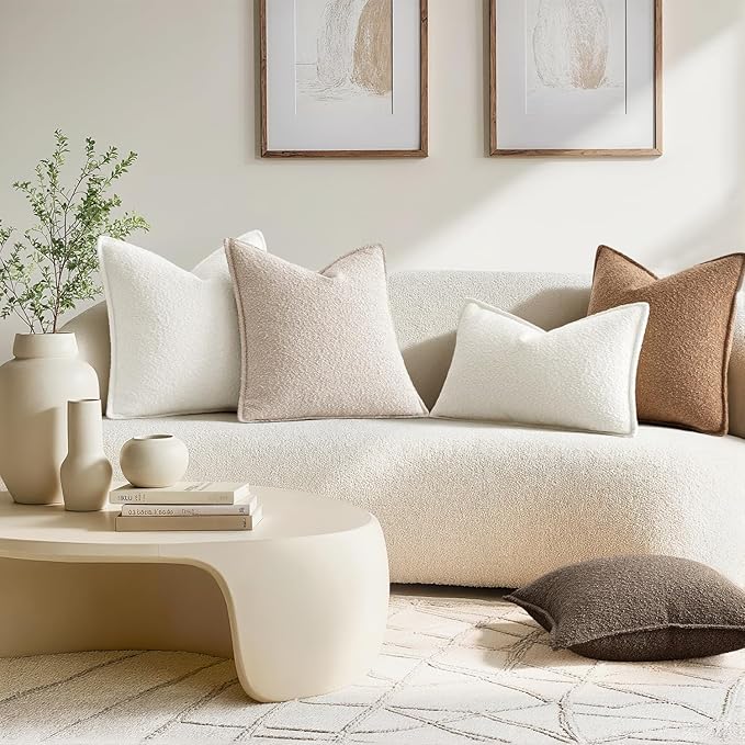 MIULEE Pack of 2 Decorative Textured Boucle Throw Pillow Covers 18x18 Inch Natural Beige Broadside Thick Boho Pillows for Farmhouse Accents Sofa Couch Bedroom Living Room Home Decor