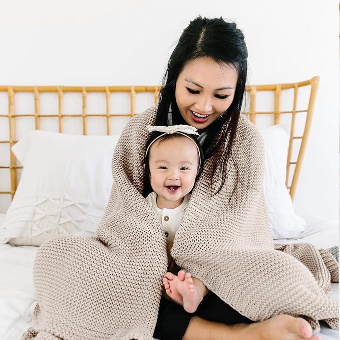 MakeMake Organics Organic Cotton Throw Blanket GOTS Certified Organic Knit Blanket Couch Bed Neutral Fall Colors Soft Cotton Throw Blanket Large (50x60, Beige)