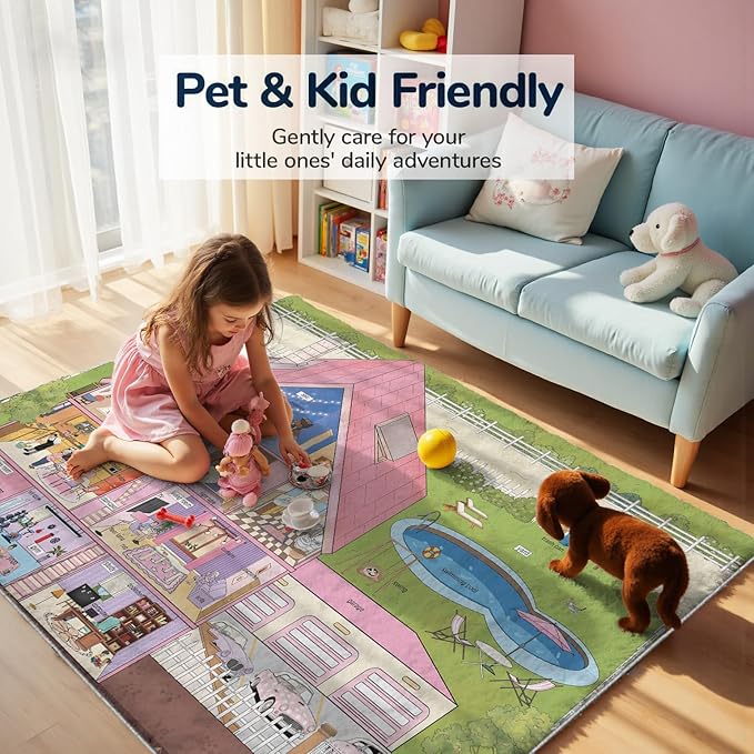 5x7ft Kids Doll House Play Rug,Non-Slip Faux Wool Carpet with Interactive English Words, Educational House Rooms Design for Playroom, Bedroom, Nursery Gift