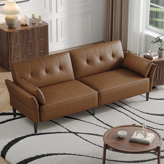 89” Futon Sofa Bed, Faux Leather Futon Couch Bed with 2 Square Pillows, Convertible Sleeper Sofa with Adjustable Backrest& Armrests, Modern Loveseat Sleeper for Living Room, Bedroom, Brown
