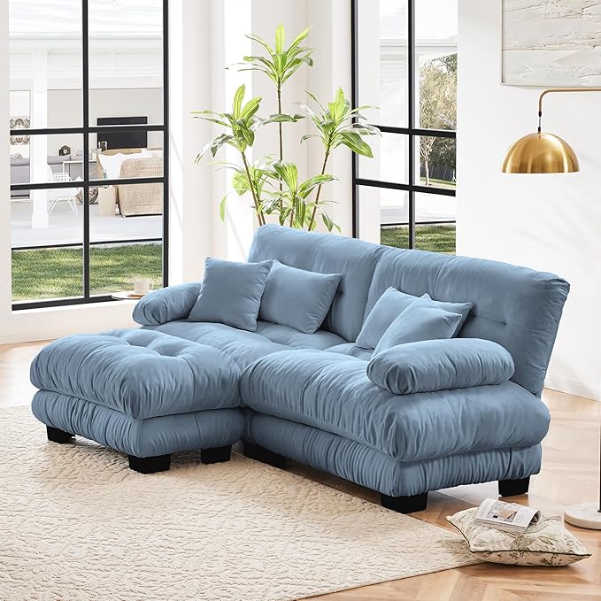 Modular Sectional Sofa, Comfy Cloud Couch Oversized Loveseat with Ottoman, Sectional Couches for Living Room, Modern Chenille L Shaped Couch, Sleeper Deep Seat Sofa with Throw Pillows, Blue