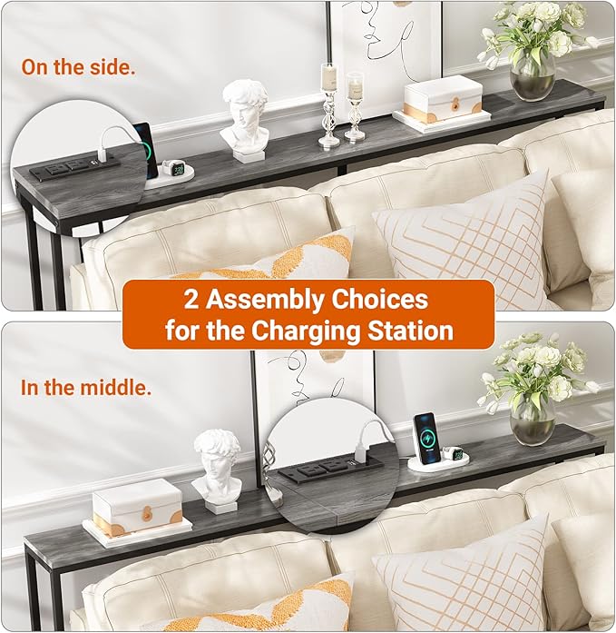SUPERJARE 70 Inch Console Table with Outlet, Sofa Table with Charging Station, Narrow Entryway Hallway Table, Behind Couch Table, for Living Room, Charcoal Gray