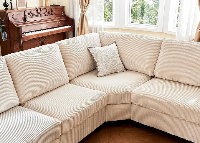 Nolany Sectional Couch with Storage Ottoman, U Shape Sectional Sofa with Chaise, Corduroy Modular Sectional Couches for Living Room, Beige