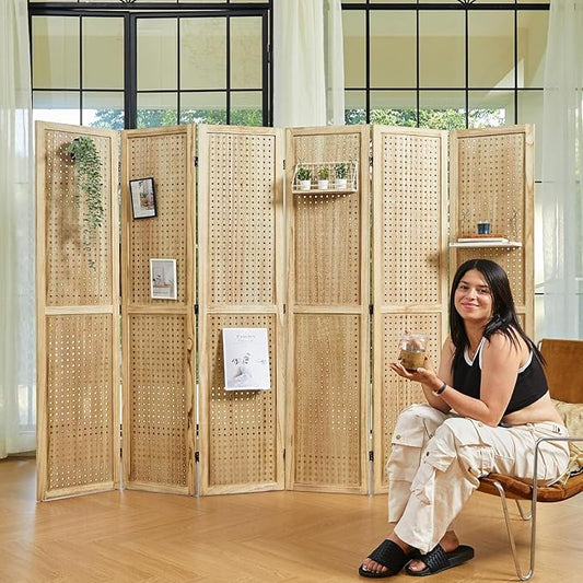 ‌Room Divider Freestanding Folding Pegboard Privacy Screen | 6-Panel Display Stand for Jewelry, Craft Shows, Retail | Natural Wood, Portable & Space-Saving Design