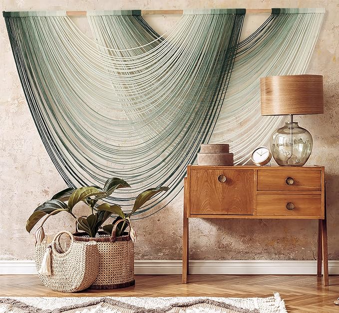 Macrame Wall Hanging Green Yarn Art Dip-Dye Boho Wall Decor Fiber Wall Art Craftsmanship Home Decor 57" W x 39" L