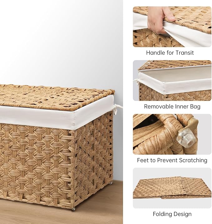 Wicker Storage Basket with Lid, 27.7 Gallon (105L) Large Blanket Basket with Lid, Woven Storage Bin with Handles, Removable Liner, Metal Frame, Foldable, for Bedroom, Laundry Room, Natural