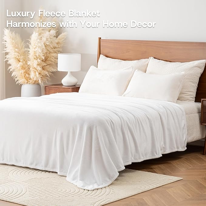 Luxury Fleece Warm Blanket, Soft Lightweight Velvety Plush Blanket for Sofa and Bed, Cozy Comfy for All Seasons(True White, 108×90 Inches)