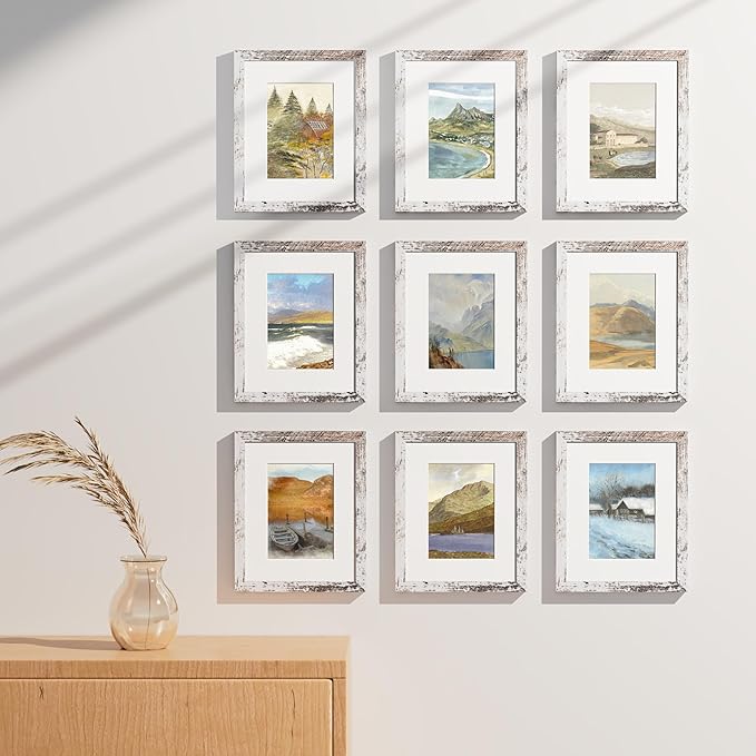 Vittanly 8x10 Picture Frames Set of 9, Shatter Resistant Plexiglass, Display 5x7 Pictures with Mat or 8x10 without Mat, Photo Frames for Wall or Tabletop, Engineered Wood, Distressed White