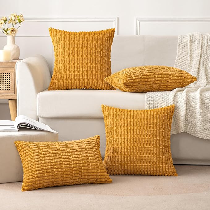 MIULEE Pack of 2 Corduroy Decorative Throw Pillow Covers 18x18 Inch Soft Boho Striped Pillow Covers Modern Farmhouse Home Decor for Summer Sofa Living Room Couch Bed Gold Yellow