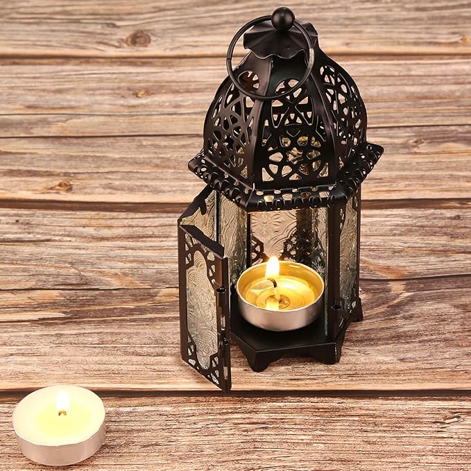 Metal Candle Holder 4PCS Transparent Glass Moroccan Style Hanging Lanterns Creative Wedding Home Tabletop Decoration Birdcage, Black