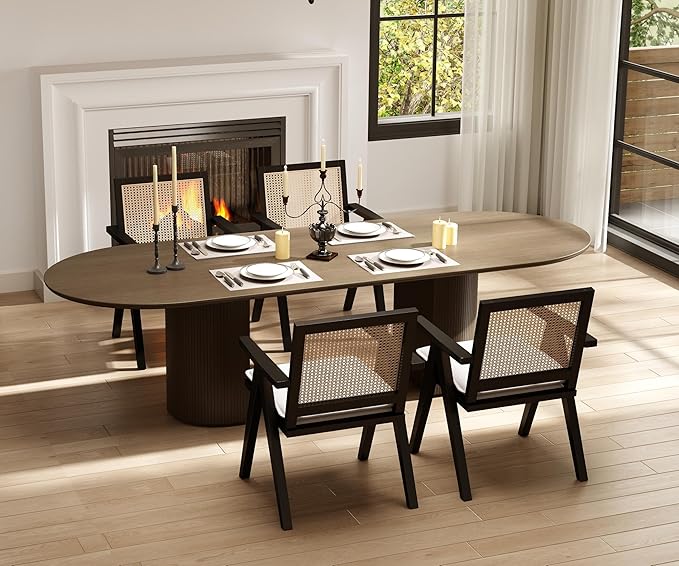 Rattan Dining Chairs Set of 6, Farmhouse Wicker Dining Chairs with Removable Linen Cushion Accent Cane Armchair for Dining Room Kitchen Restaurant, Black