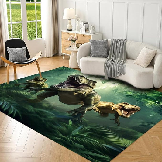 6' x 9' Dinosaur Area Rug 3D Green Dinosaur Carpets for Teens Boys Bedroom Living Room Playroom Dorm Floor Mat Doormats Throw Rug Carpet Game Room Decor