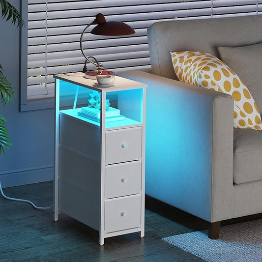 TUTOTAK Narrow LED Night Stand with Charging Station, Slim End Table with Plugins, Tall Side Table with 3 Fabric Drawer, Small Bedside Table with Storage, for Living Room, White TB01BW086L