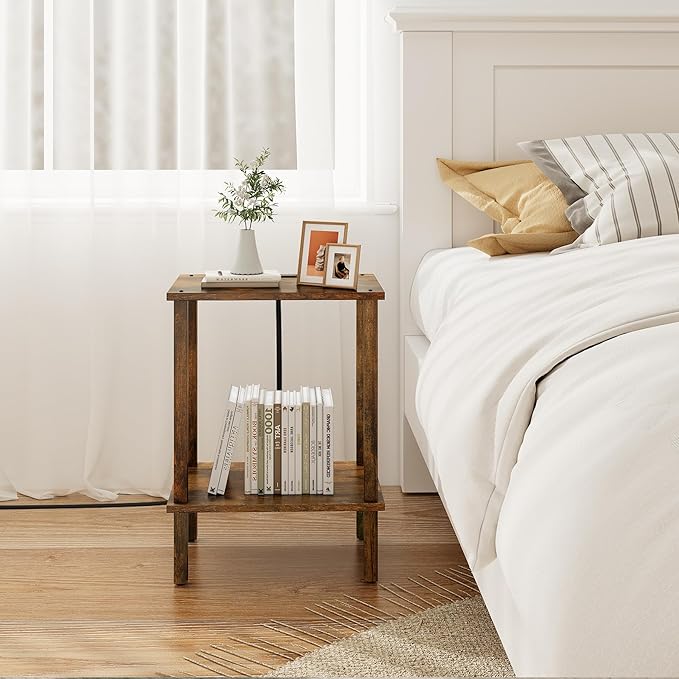 TUTOTAK End Table with Charging Station, Set of 2, Small Side Table with Outlets, Nightstand Bedside Table, 2-Tier Storage Shelf for Small Space, Living Room, Bedroom Brown TB01BB041C