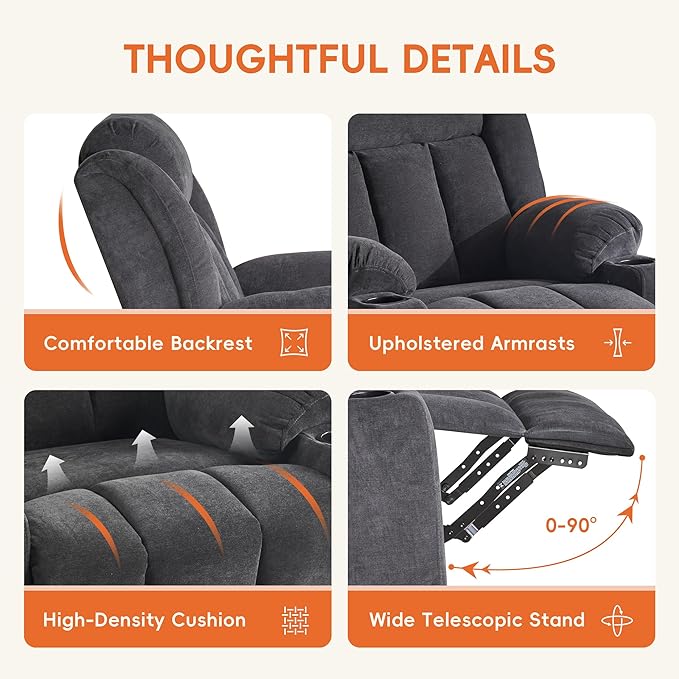 Rocker Swivel Recliner Chair for Adults, Overstuffed Large Manual Recliner Glider with Massage and Heat, Comfy Soft Fabric Living Room Reclining Sofa Chair (Black Fabric)