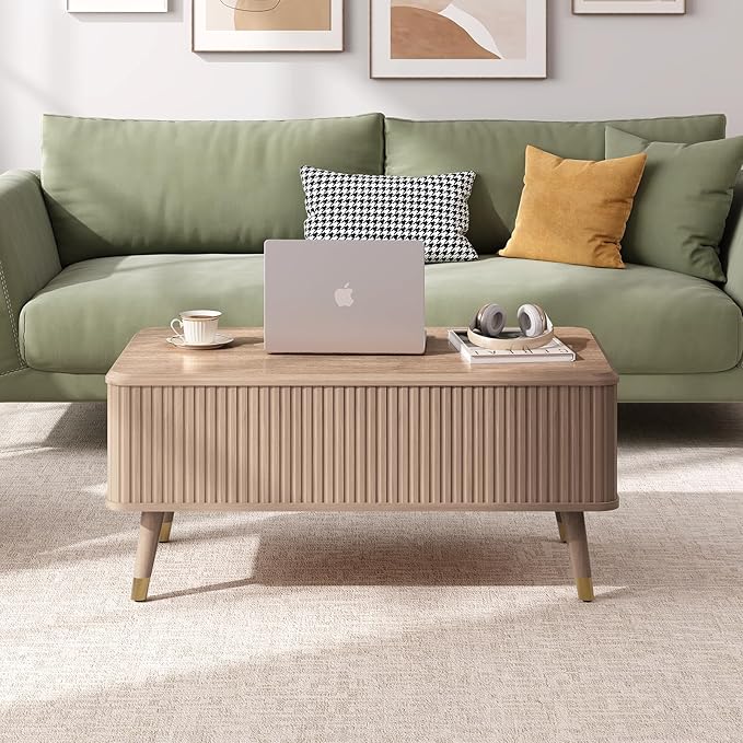 Lift Top Coffee Table with Storage Shelf & Hidden Compartment, Mid Century Modern Fluted Rectangle Dining Table for Living Room, Home Office, Natural Oak