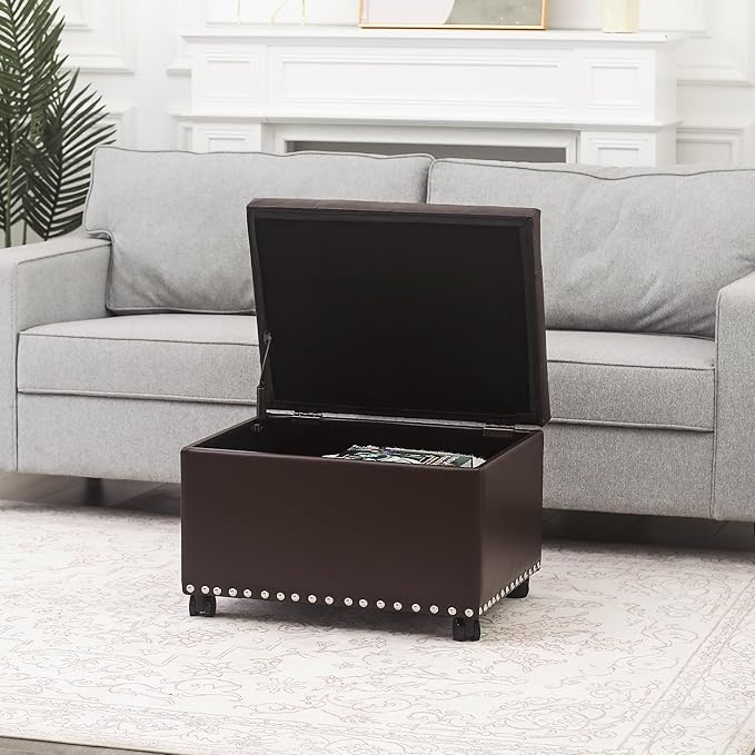 Leather Storage Ottoman Bench with Steerable Rolling Wheels, Rectangle 24 Inch Foot Rest Ottomans Stool for Living Room Bedroom (Vintage Brown)