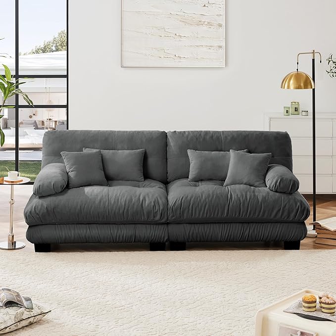 Loveseat Modular Sectional Sofa, Cloud Couch 2 Seater Sectional Couch Home Sofa Living Room Oversized Couch, Modern Deep Seat Couch with Chaise with Round Bolster Armrests 4 Pillows(Gray)