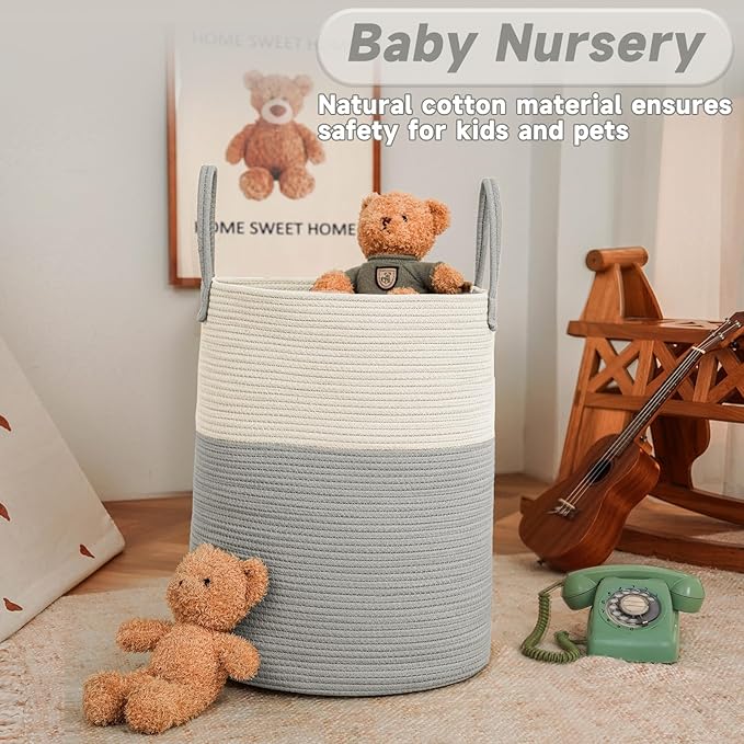 Large Woven Laundry Basket Hamper,60L Cotton Rope Storage Bin for Blankets,Toys and Clothes,Decorative Tall Nursery Hamper for Living Room,Baby Nursery,Bathroom and Bedroom,White and Grey
