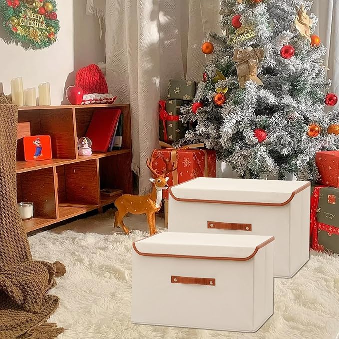 Tuza 4 Pack Large Fabric Storage Bins with Lids, Foldable Storage Boxes with Lids for Organizing, Decorative Storage Boxes with Handles for Home, Bedroom, Closet, Office(Khaki, Medium)