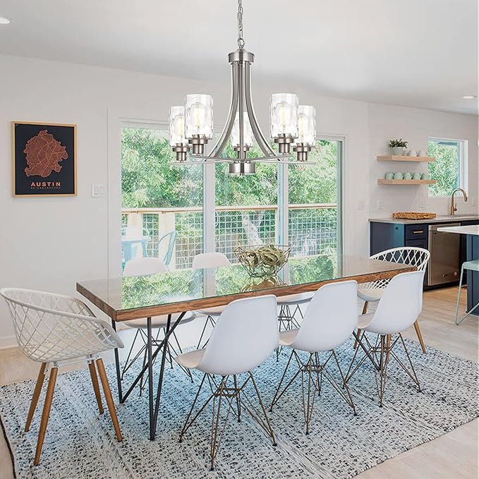 BONLICHT 5 Light Modern Chandeliers Brushed Nickel Kitchen Island Dining Room Lighting Fixtures Ceiling Hanging Clear Hammered Glass Pendant Lamp Transitional Pendant Lights for Living Room Foyer