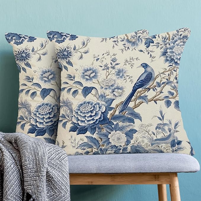 CXMEIFLY Spring Floral Pillow Covers 20 x 20 Inch Set of 2 for Chinoiserie Flowers Bird Decor Throw Pillows Vintage Blue and White Plant Outdoor Decorative Cushion Cases for Couch Bed Decorations