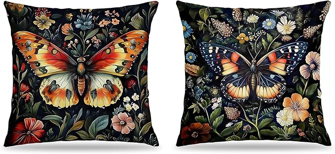William Morris Inspired Butterfly Pillow Covers 18x18 Set of 2, Butterfly Room Decor, Dark Cottagecore Floral Botanical Moth Decorative Throw Pillow Covers for Home Bedroom Living Room