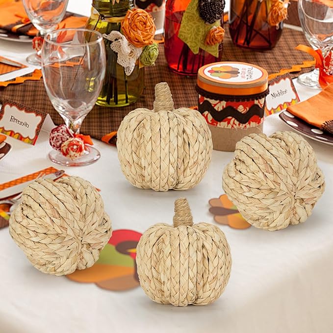 naturevibe 4.3 Inches Braided Cornhusk Pumpkin Decor Set of 4 as Centerpieces for Tables,Natural Corn Stalks Woven Pumpkins for Fall Home Decor,Thanksgiving Decorations or Autumn Harvest Gifts