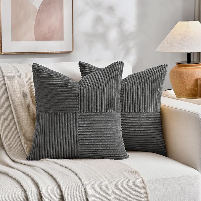 Fancy Homi 2 Packs Dark Gray Decorative Throw Pillow Covers 16x16 Inch for Living Room Couch Bed, Rustic Farmhouse Boho Home Decor, Soft Corss Patchwork Corduroy Textured Square Cushion Case 40x40 cm
