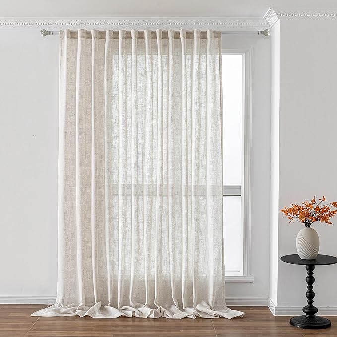 MYSKY HOME Linen Curtains 95 Inches Long for Sliding Glass Door, Farmhouse Semi Sheer Ceiling Curtains Living Room Light Filtering Back Tab Elegant Style Soft Fabric, 100" x 95", Linen, 1 Panel