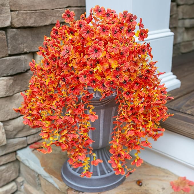 INSPRING Fall Artificial Flowers for Outdoors Fake Silk Flower, 2Pcs Red Orange Daisy Autumn Decor, Realistic Hanging Decoration Plants, UV & Fading Resistant for Porch Patio Balcony Planter