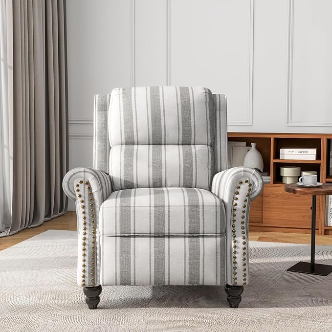 UIXE Pushback Recliner Chair Push Back Accent Chair, Fabric Overstuffed Armchair for Living Room, Rivet Trim Club Chair Home Theater Single Sofa Bedroom Reading Seat - Stripe Gray