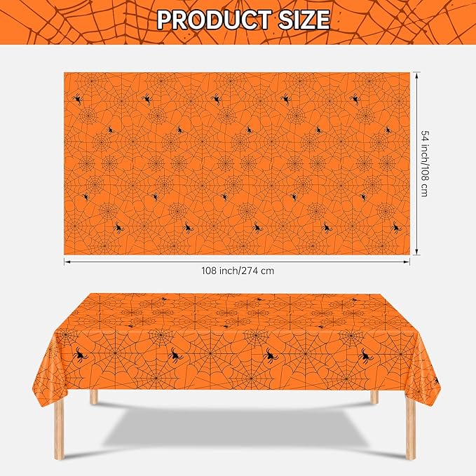 2 Pcs Halloween Tablecloth - Plastic Halloweens Spider Webs Table Cloth, Orange Disposable Rectangle Spiderweb Table Cover for Halloween Party Decorations Supplies Favors Tables Decor, 108 x 54 Inch