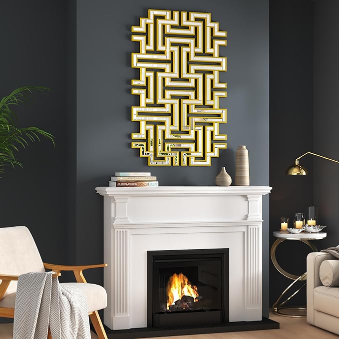 KOHROS Large Modern Gold Wall Mirror - 46.5"x30" Geometric Maze Design Decorative Mirror for Home Decor Living Room Entryway Hallway Farmhouse, Mirrors for Wall Decor