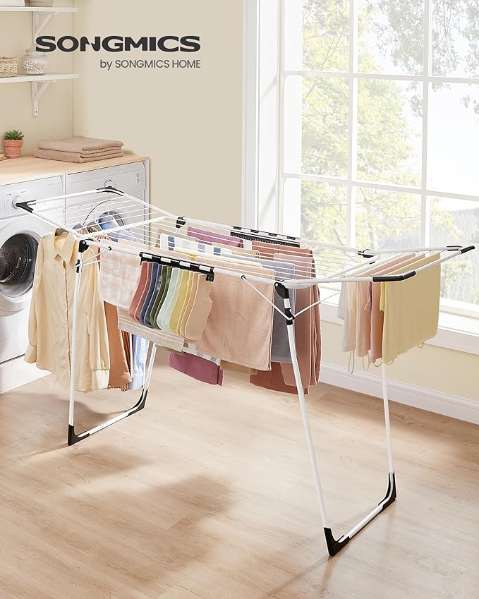 SONGMICS Clothes Drying Rack Foldable, Gullwing Laundry Drying Rack, Space-Saving, 22.2 x 68.1 x 38 Inches, Sock Clips, Metal Structure, for Clothes, Towels, Linens, Indoor, Outdoor White ULLR518W01